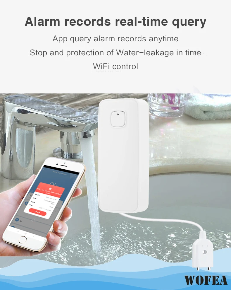 Wofea-Détecteur de fuite d\'eau Wifi, alarme sonore 80dB, capteur de bruit, fonctionne avec Tuyasmart Smartlife, batterie faible