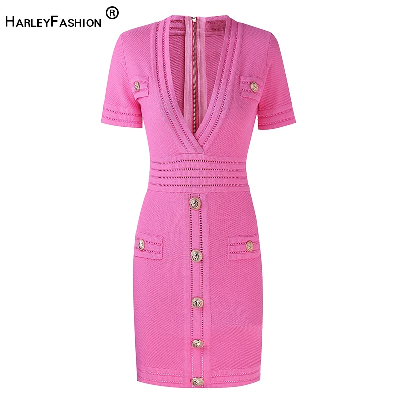 HarleyFashion New Summer European Designer Sexy V-neck Short Sleeve Candy Color Pink Knitting Mini Sheath Sweet Dress