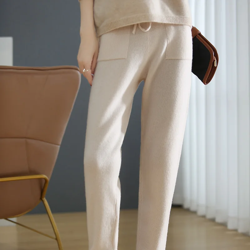 ATTYYWS-Cashmere Harlan Pants for Women, 100% Wool, Knitted, Long, Pure Color, Casual, New Style, Autumn and Winter, 2024