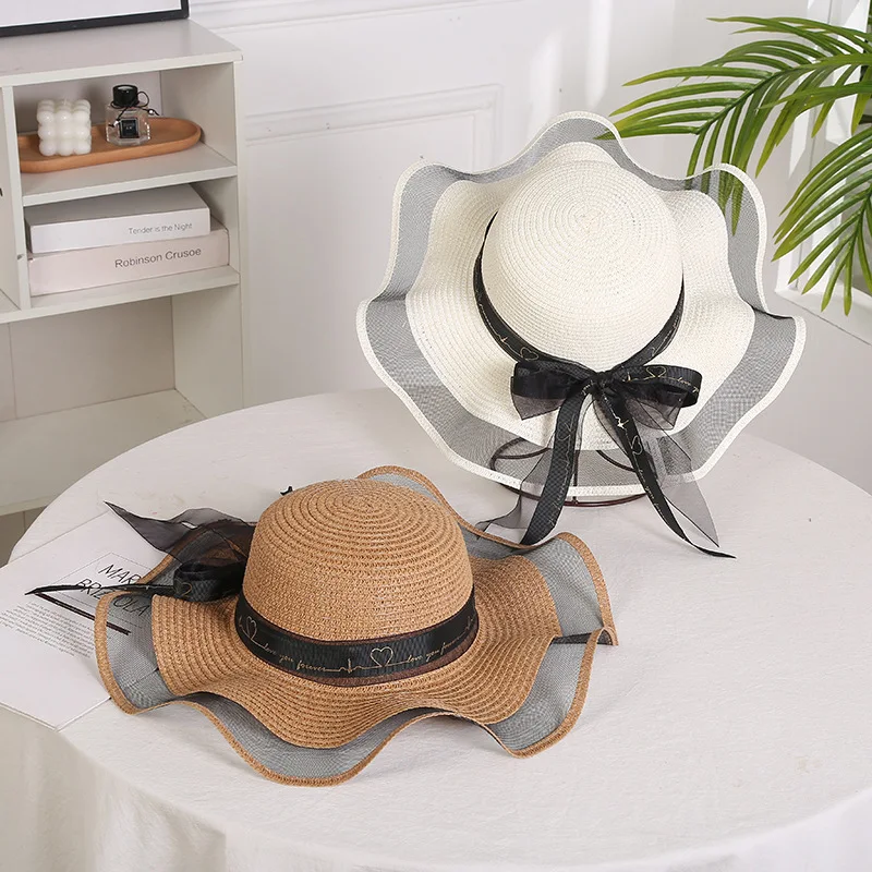 Foldable Big Brim Floppy Girls Straw Hat Sun Hat with Bow Elegant Protection Shade Fashion Women Beach Hat 2021