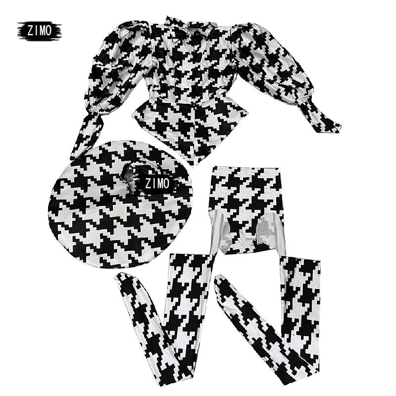 Suit Women 3 pieces Modern Festival Party Zebra Stripe Print Sexy Pole Dj Singer Stage Houndstooth Rave Dance drag queen Clothes