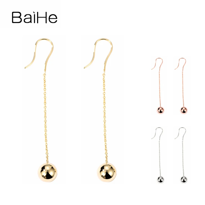 BAIHE Solid 18K Yellow/White/Rose Gold Office/Career Wedding Fine Jewelry Unique Golden Ball Ear Line Earrings Women Real Gold