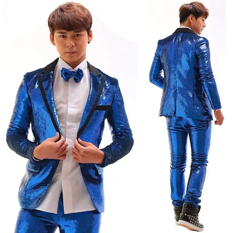 Male Singer Bar Stage Sequins Suit Blue Red Blazer Pants 2 Piece Set Band Nightclub Concert Performance Clothes Evening Costume