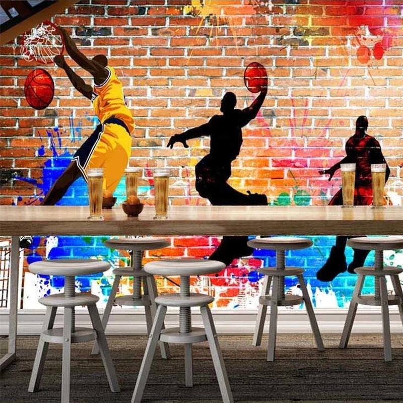 Custom Self-Adhesive Wallpaper 3D Basketball Sports Graffiti Brick Restaurant KTV Bar Background Wall Sticker Murals Tapety Art