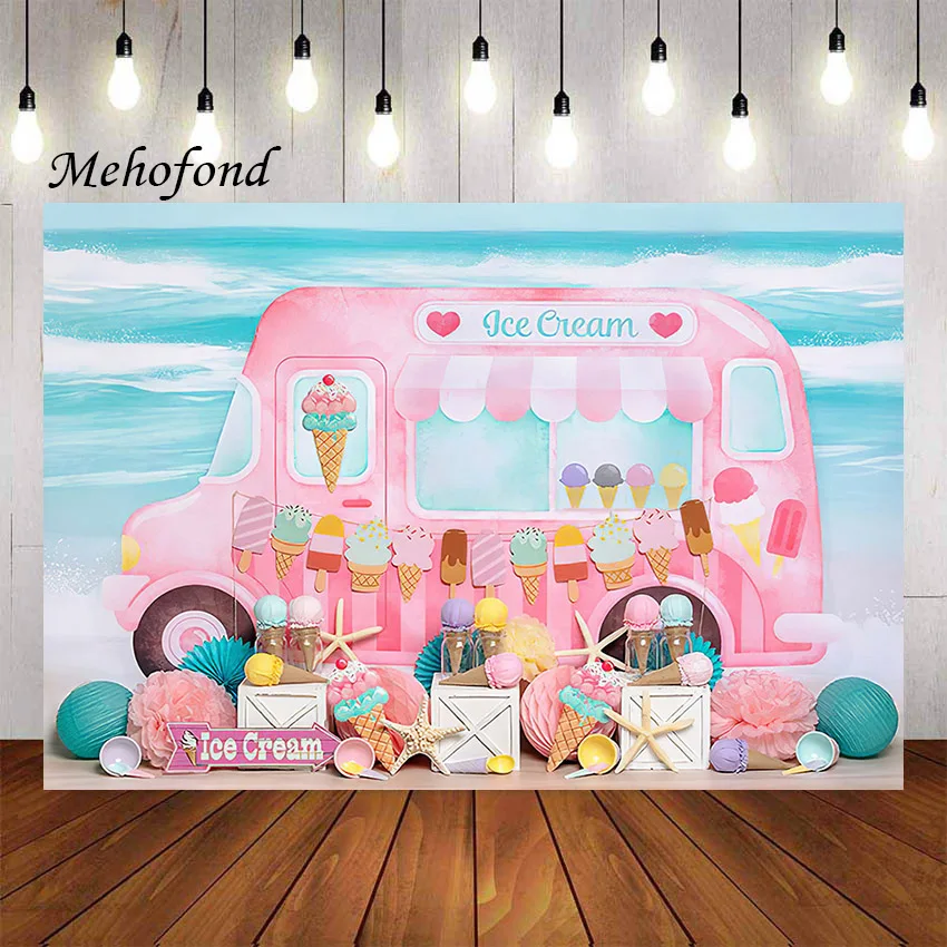 

Mehofond Photography Background Summer Pink Ice Cream Truck Dessert Kids Birthday Cake Smash Decor Backdrop Photo Studio Props