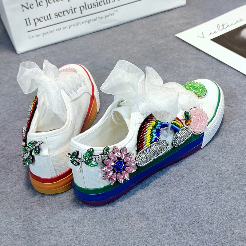 Handmade Fashion 2021 Spring Rainbow Platform Women Sneakers Flower Crystal Wedding Flats Ribbon Rhinestones Casual Canvas Shoes