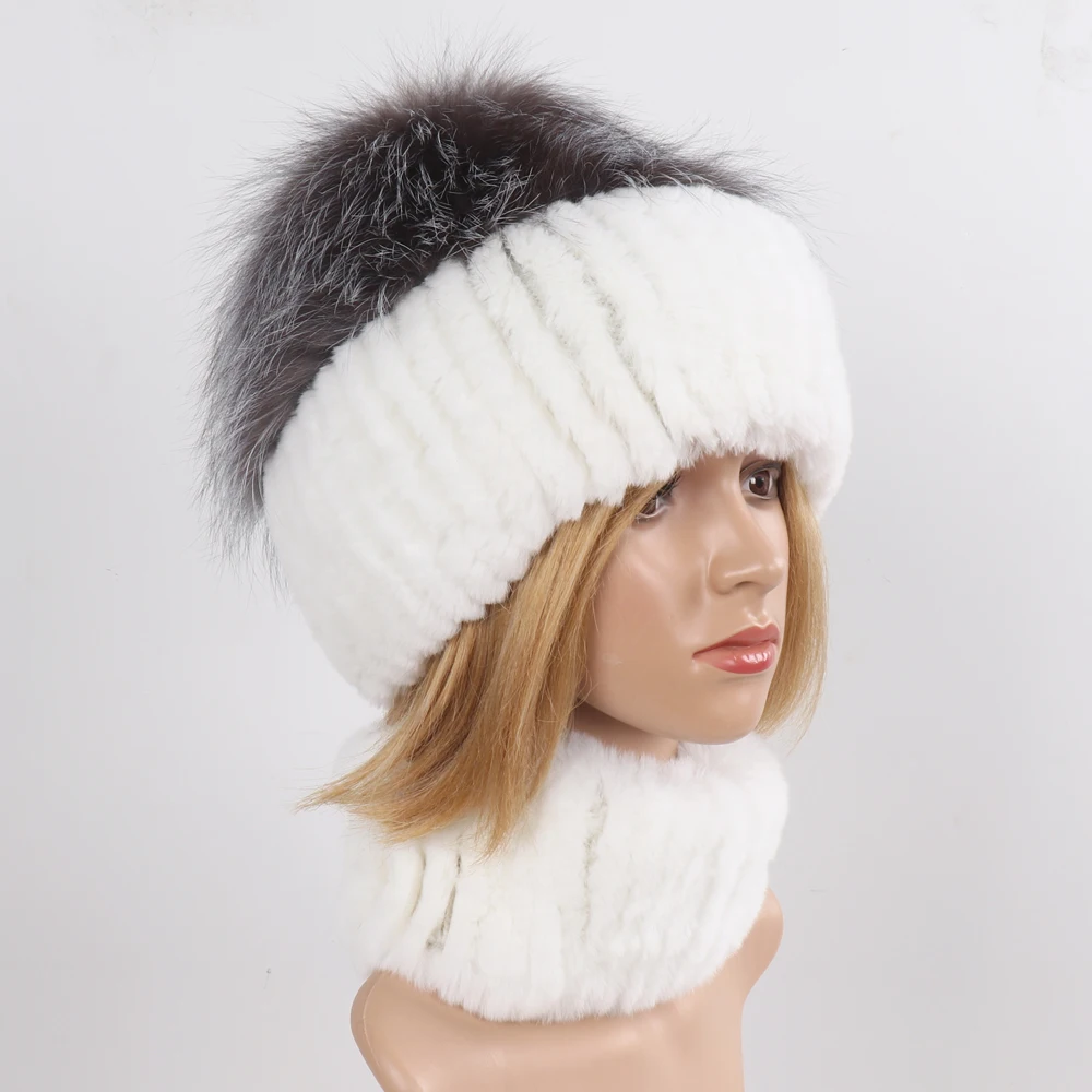 Women's Winter Warm Genuine Fur Hat Scarf Set Real Rex Rabbit Fur Cap with Silver Fox Scarves 2-Piece Natural Fashion Accessory