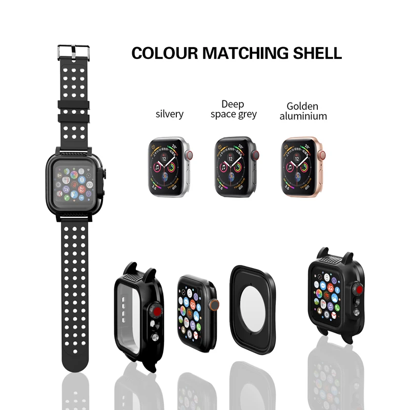 Apple watch用の頑丈なケース,apple watch se 6 5 4 3シリーズ用のシリコンバンド付き防水ケース,iwatch 38/42/40/44mm用のストラップ付きスクリーン保護カバー