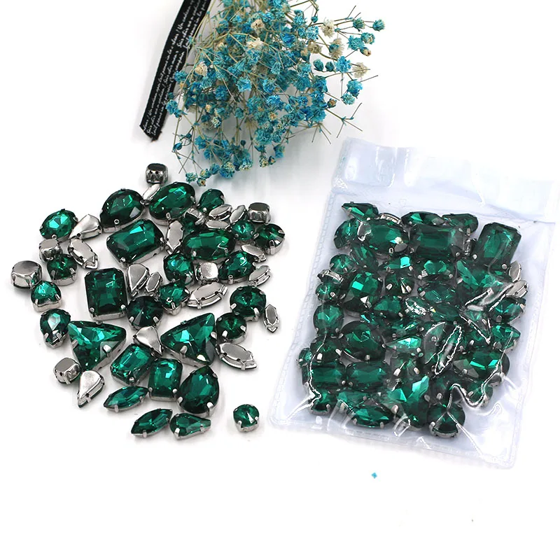 Sell at a loss! mixed shape Malachite green glass crystal sew on claw rhinestones diy clothing accessories