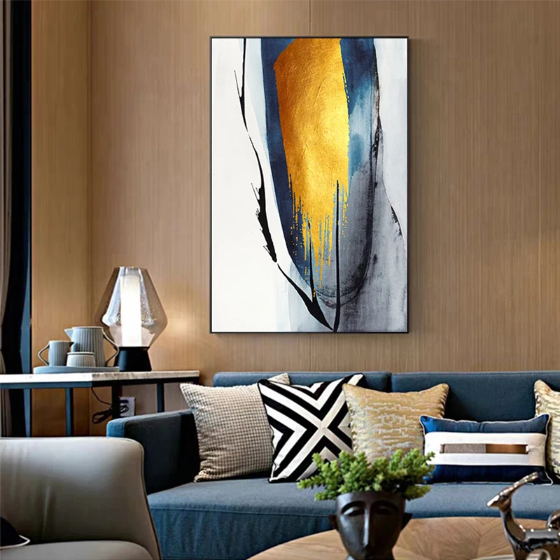 Abstract Golden Block Canvas Painting Splendid Life Tableaux Wall Art Picture for Living Room Blue and Black Ink Posters Prints