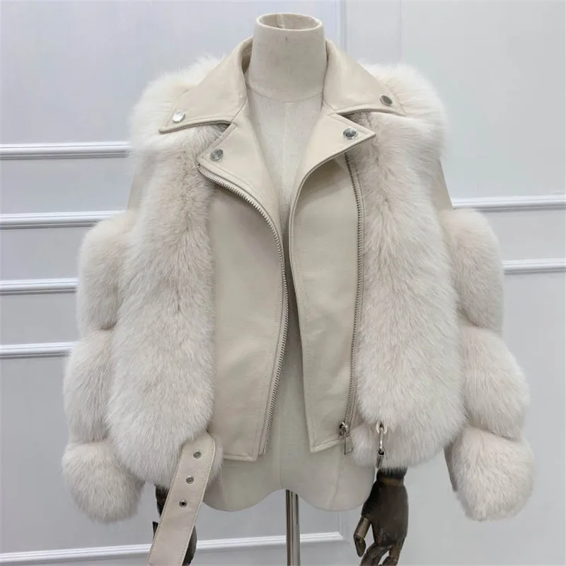 Office Lady Faux Fox Fur Winter Women Short Zipper Jacket Female Imitation Leather Stitching Model One Fur Parkas Biker Overcoat