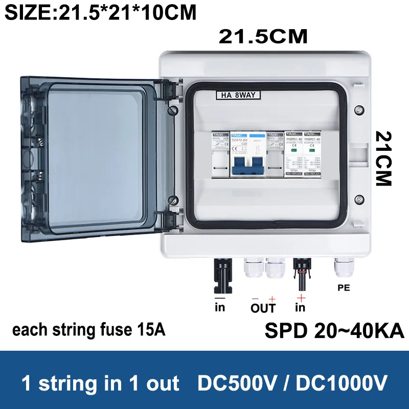 Solar photovoltaic PV Combiner Box With Lightning Protection 2 or 1 in1 out  DC 500V 1000V Fuse MCB SPD Waterproof Box IP65