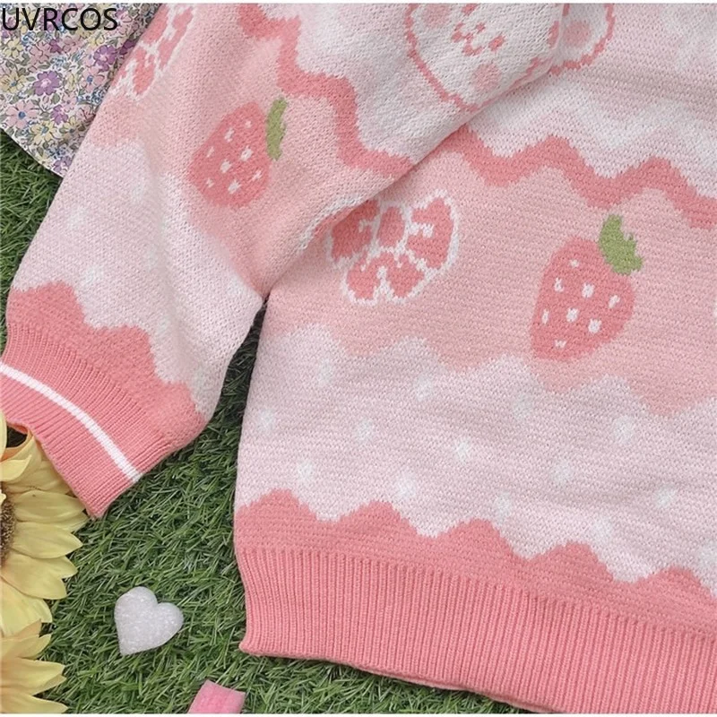 Japanese Sweet Lolita Knitted Pullovers Girls Long Sleeve Strawberry Bear Knit Sweater Autumn Winter Women Pink Warm Jumper Tops