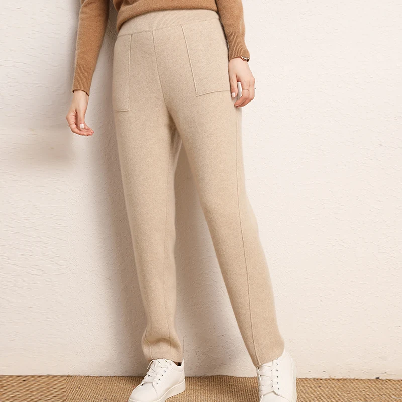 Women Pants 2023 New Autumn and Winter Soft Comfortable 100% Pure Cashmere Knitted Pants Female High-Waist Elastic Trousers