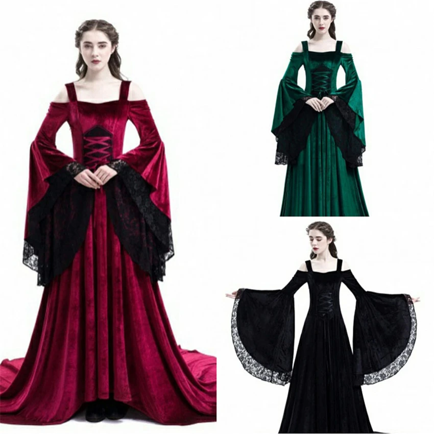 Victoria Retro Middle Ages Dress Halloween Carnival Medieval Cosplay Costumes for Women Strapless Shoulder Lace Dresses