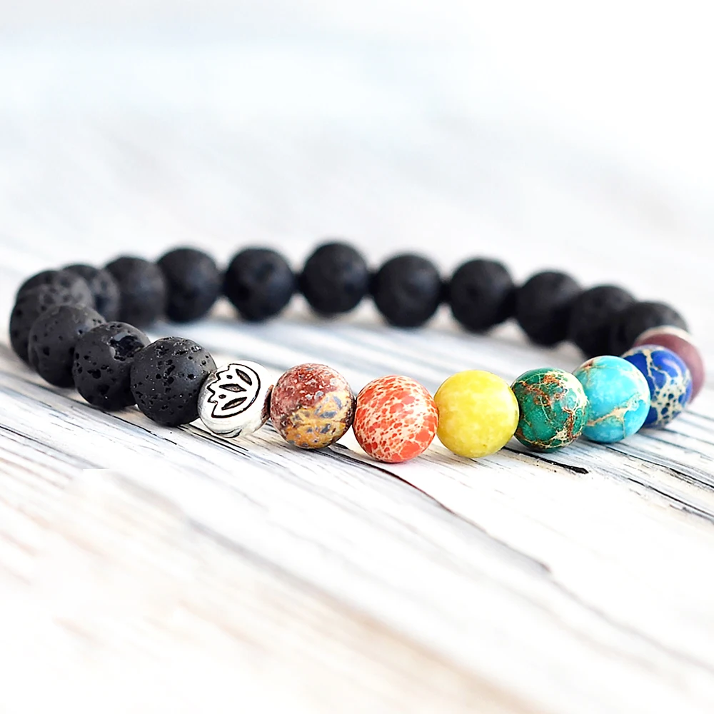 

MG0747 Lotus Charm 7 Chakra Bracelet Natural Rock Lava Spiritual Yoga Prayer Stretch Bracelet Womens Yoga Tibetan Jewelry