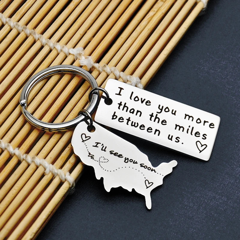 Love Keychains for Couples I Love You More Than The Miles Between Us Long Distance Relationship Boyfriend Gift Going Away State