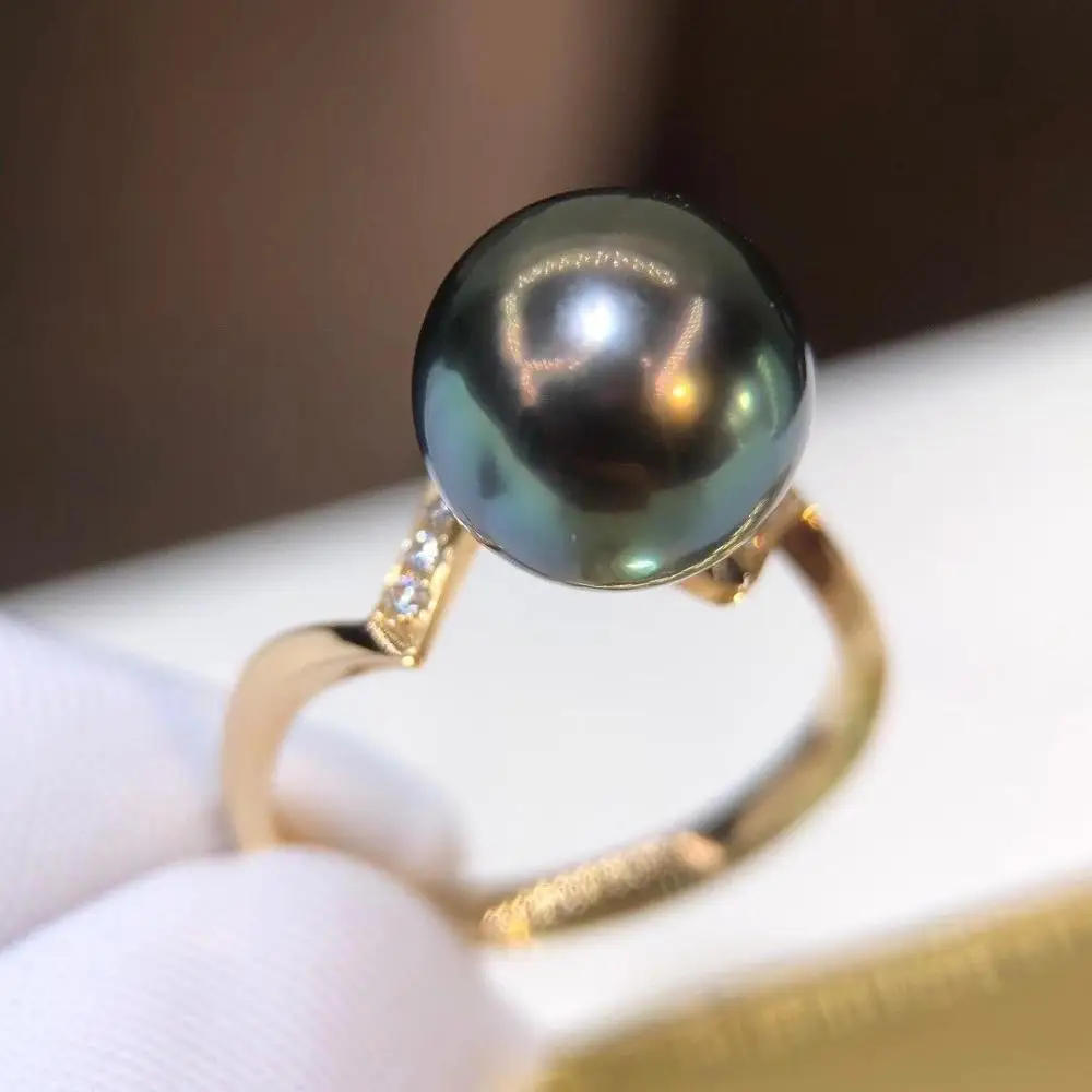 D1010 Perla Anello Gioielleria Raffinata Solido 18K ORO Rotondo 10-11mm naturale di Acqua di Mare Perle di Tahiti Anelli Per le donne Belle Regali