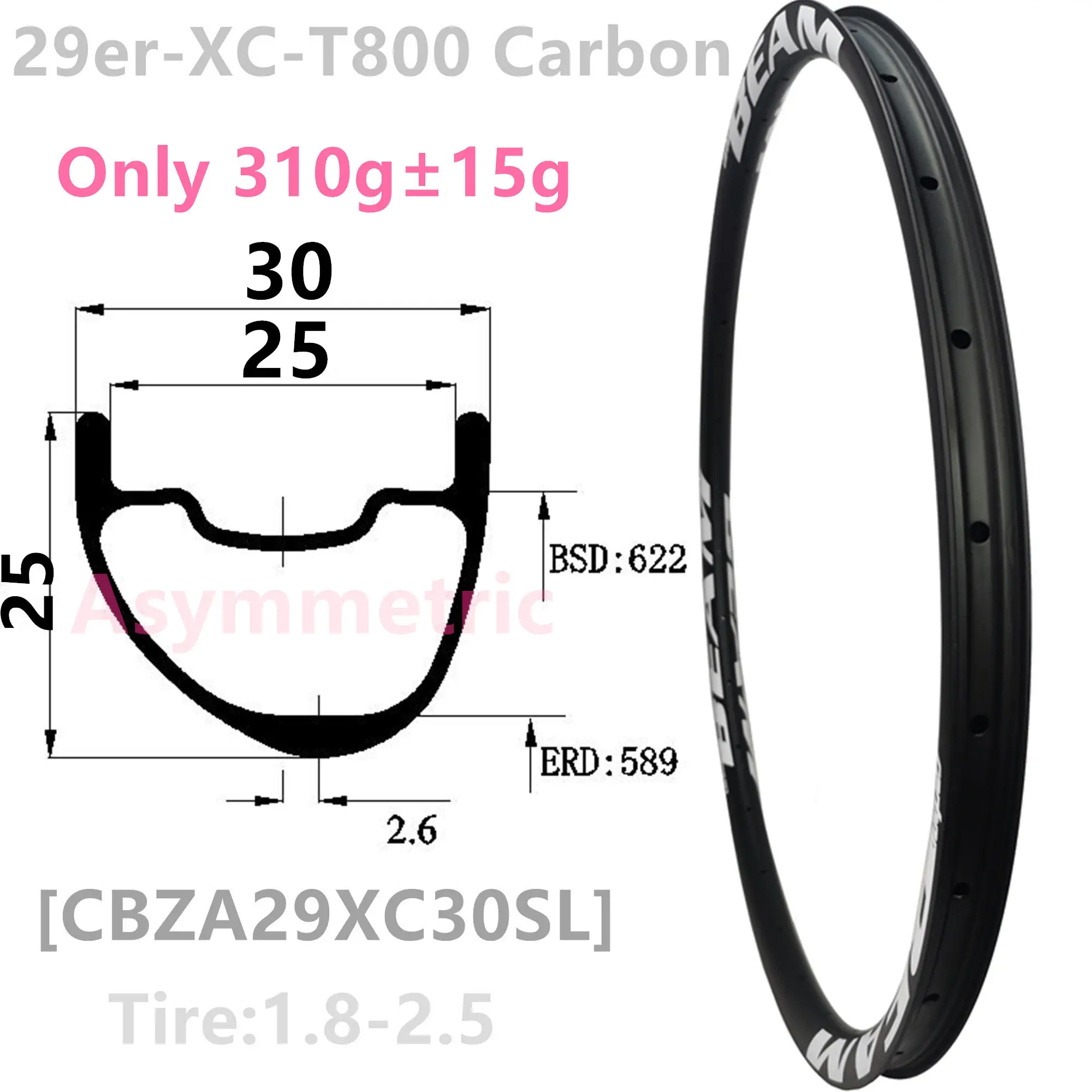 Llanta de carbono asimétrica para bicicleta de montaña, llanta de carbono sin cámara 29er, superligera, XC, 320g, 35mm, 33mm, 30mm de ancho, 25mm de profundidad