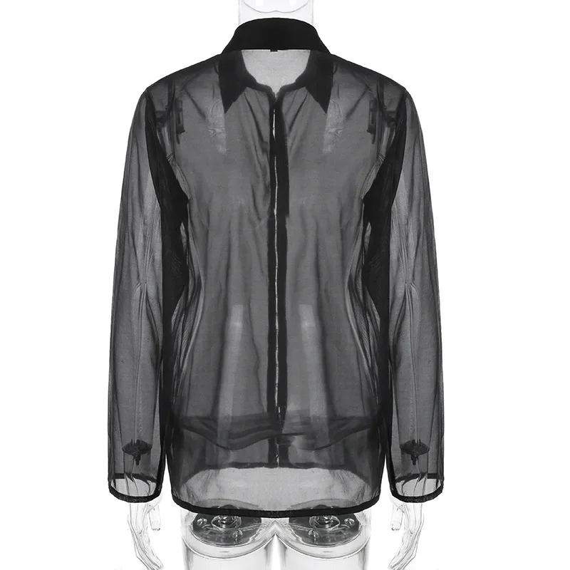 Ladies Sexy Solid Color Mesh Single-breasted Lapel See-through Long-sleeved Shirt Female 2022 Spring New T-shirt Women Shirts