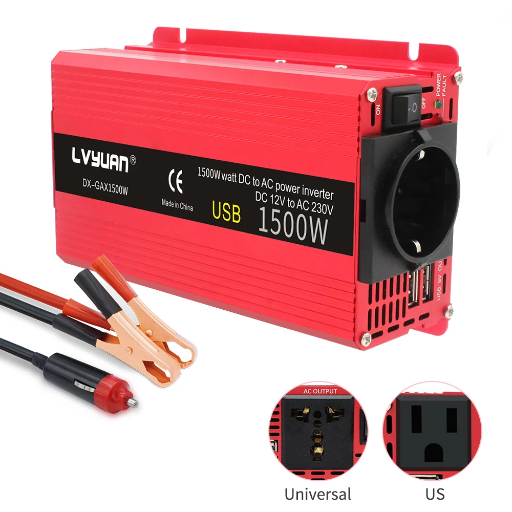 1500W Inverter DC 12V/24V to AC 110V/220V 230V dual USB Charging Adapter Converter Universal US EU Socket Solar Power Inverter