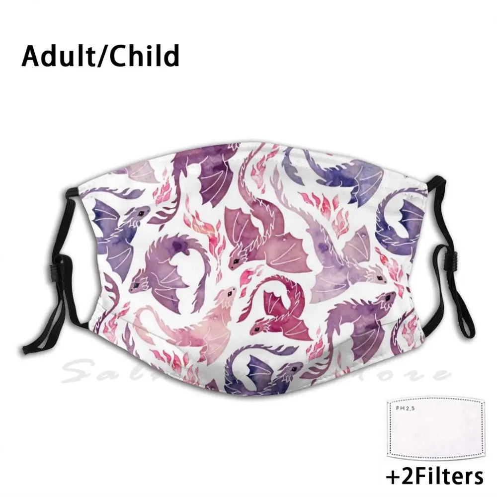 Dragon Fire Pink & Purple Print Washable Filter Anti Dust Mouth Mask Adenaj Watercolor Pink Purple Mystical Flames Fire Fantasy