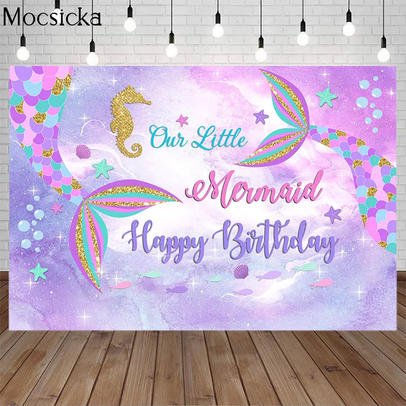 

Birthday Party Photography Backdrop Mermaid Tail Theme Background Gift Fish Purple Starfish Seahorse Seashell Backdrops Props