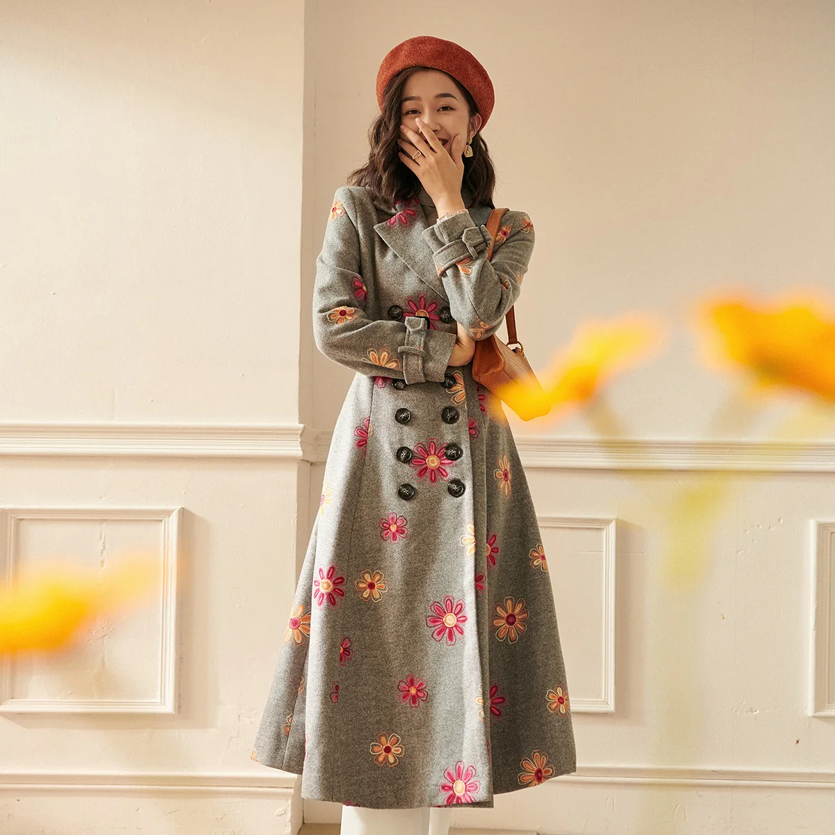 

Winter Fall 2020 Womans Clothes Vintage Double Breasted Flower Grey Long Woolen Coat , Women Female Embroidery Wool Coats