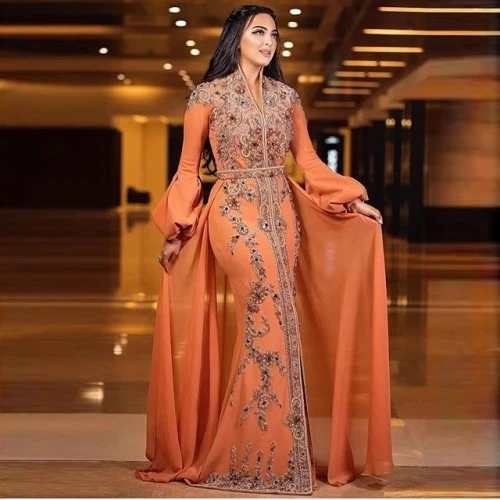 Moroccan Kaftan Caftan Muslim Evening Dresses Mermaid Chiffon Appliques Beading Dubai Arabic Abaya Islamic Gown Customized