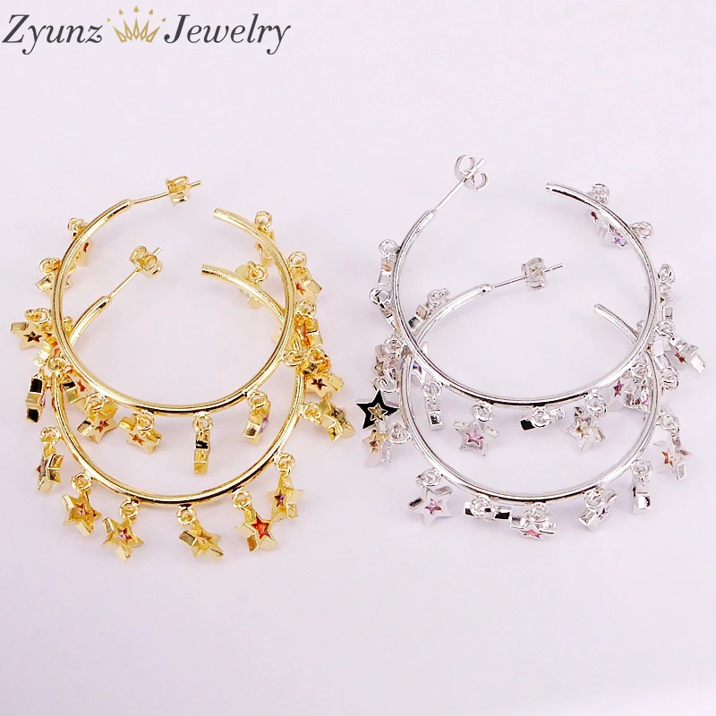 

4Pairs, Cz Micro Pave Rainbow Crystal Star Dangling Charms Earring, Gold / Silver Color Fashion Party Jewelry For Women Girls