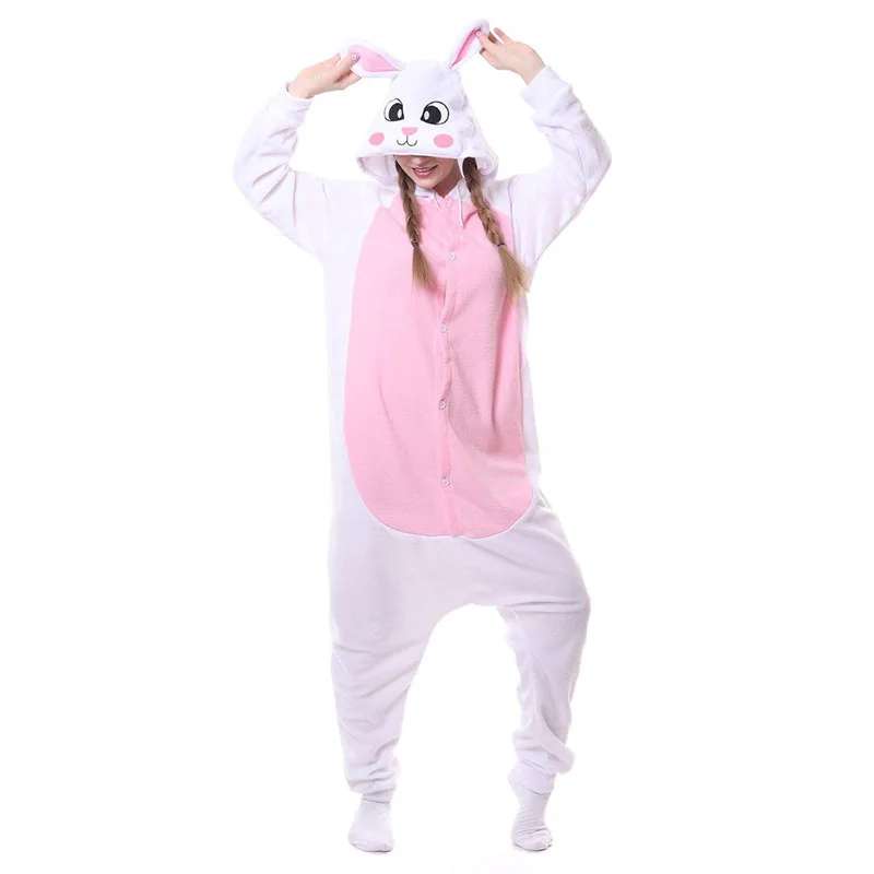 

Women Rabbits Onesies Cute Kigurumis Pink White Polar Fleece Animal Pajama Bunny Suit Carnival Halloween Outfit Winter Sleepwear