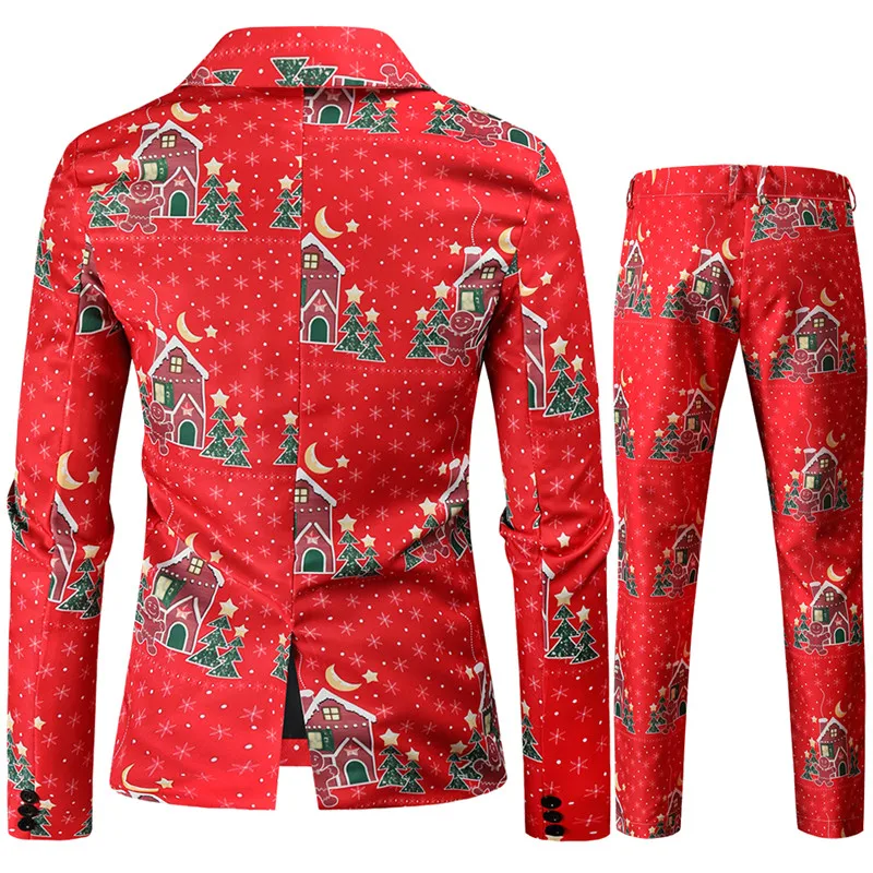 Red Printed Two-piece Men\'s Christmas Suit (Jacket + Pants) Stylish Male Blazer Coat with Trousers Black Green Blue S-4XL