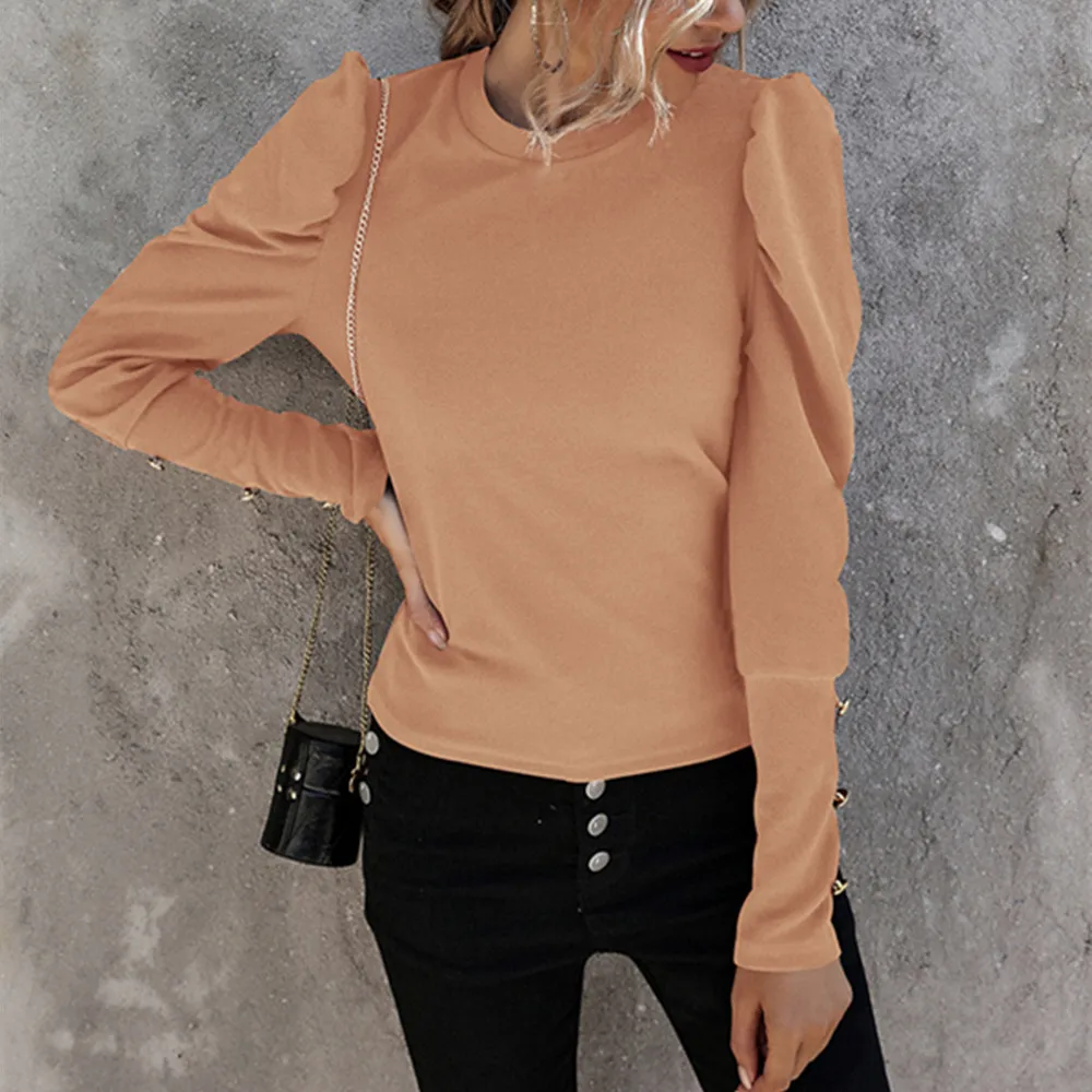 Autumn Winter Casual Slim Top And Blouse Women Solid O-Neck Long Puff Sleeve With Button Shirts Elegant Office Ladies Blouses