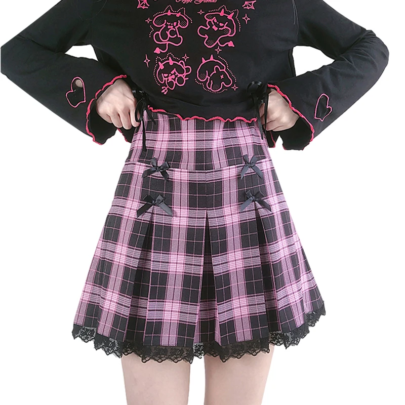 Harajuku Fashion Kawaii Pleated Mini Skirt Girls Gothic Black Punk Lace Lolita Plaid Korean Cute Short Japanese School Uniform