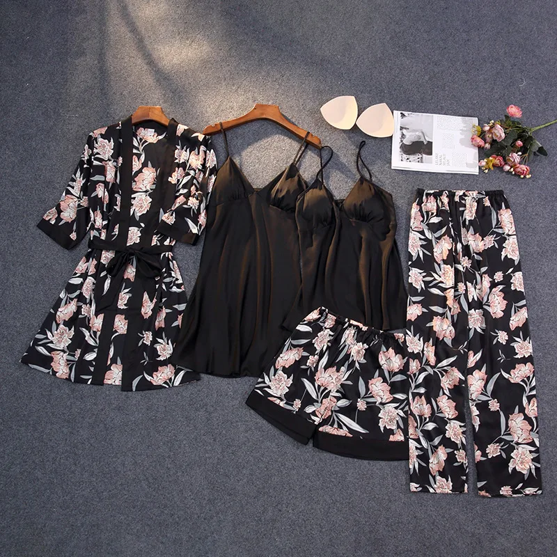 Lady Print Flower Nighty&Robe Suit Sleepwear Silky Satin Nightwear Kimono Bathrobe Gown Casual Nightgown Home Clothes