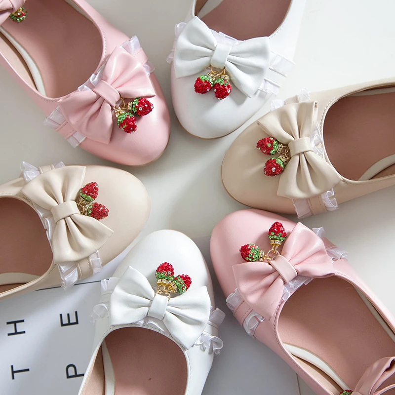 Fashion Cosplay Party Princess Lolita Women Shoes Low Heel Mary Jane Butterfly-Knot Block Pumps Shining Strawberry Pendant