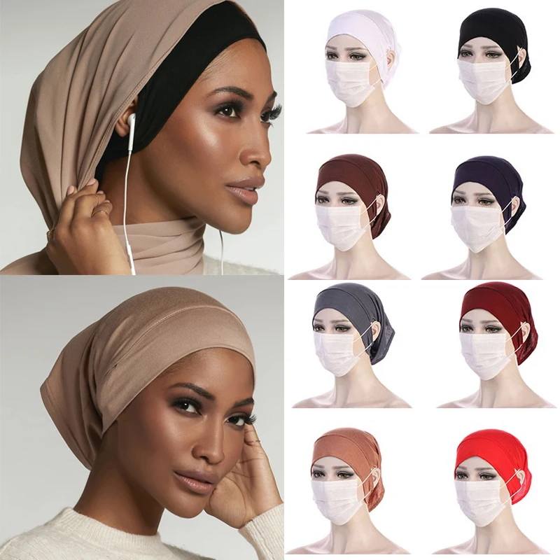 Algodão sob lenço com furo de orelha, Stretch Jersey, Hijabs internos, Tampas de Hijab frontais redondas, Turbante Feminino, Bonnet, Novo, 2021