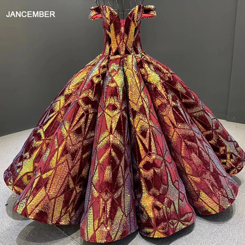 

J66661 Платья Jancember Quinceanera с V-образным вырезом и открытыми плечами, аппликация для выпускного вечера, бальное платье из бисера, забавное платье Quinceañera Robe Fille