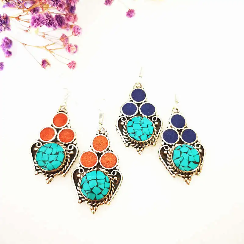 Tibetan Jewelry Vintage Handmade Flower Earring Copper Inlaid Multi Colors E038