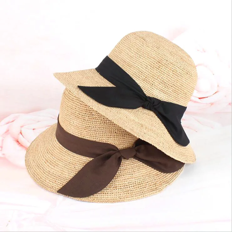 

2024 Summer paper straw hat handmade raffia hat bowtie women's hat nice hats for women sun hat black and coffee ribbon straw hat