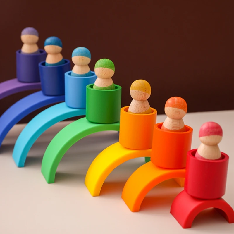 1Set Kid Color Montessori Toys Rainbow Building Blocks Dolls Children Educational Wooden Building Blocks Villain Set Kid Gifts