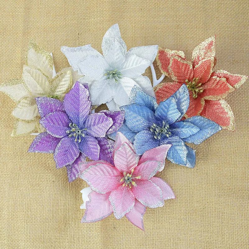 5pcs Gllitter Poinsettia Fake Flowers Artificial Flowers Chrsitmas Decoration For Home Navidad Xmas Tree New Year Party Decor