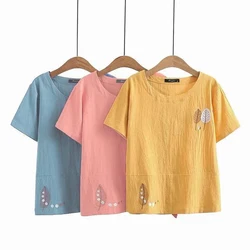 Camicetta estiva in cotone e lino donna tuniche manica corta ricamo donna top camicie t-shirt Color suolo allentate Casual