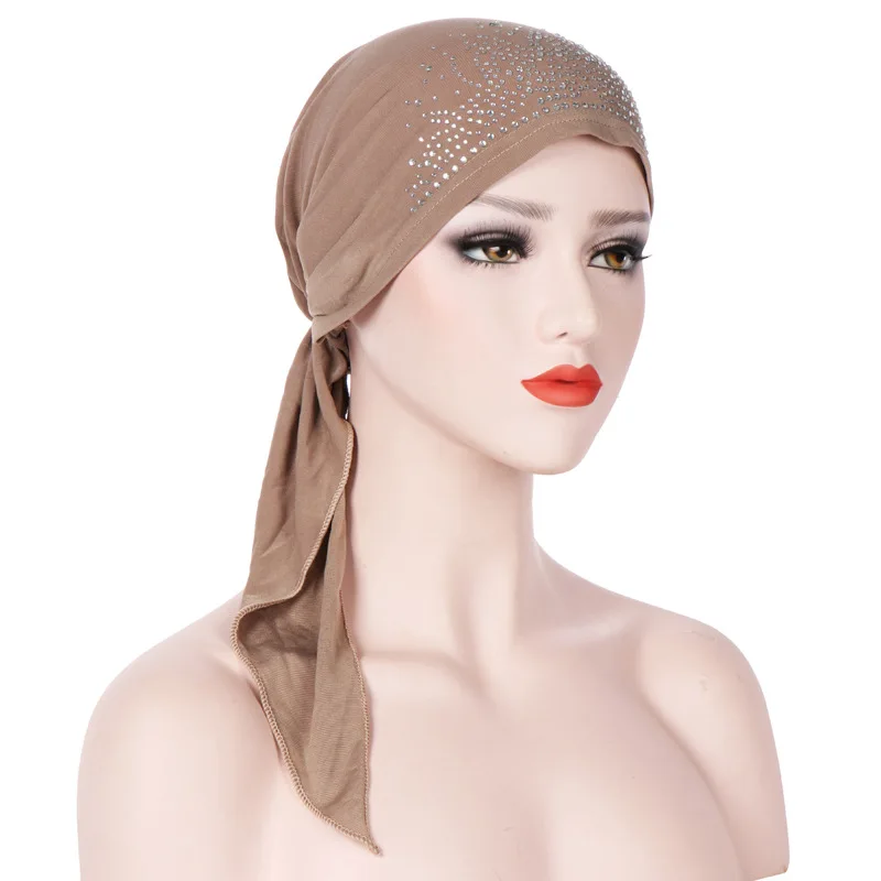 

New Turban Hat Women Hot Drilling Headscarf Bonnet Femme Musulman Inner Caps Muslim Wrap Head Scarf Turbante Indian Beanie Cap