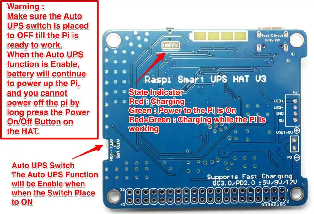 Imagem -06 - Chapéu Ugeek Ups para Framboesa 4b 3b Mais 3b Suporte de Carga Rápida Qc3 5v 9v 12v Ups Hat v3 Carga durante a Descarga Desligar Via Gpio