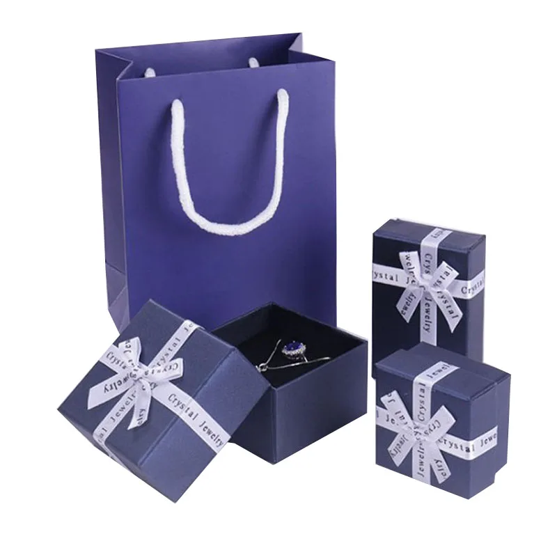 

4Size Nave Blue-Necklace Earrings Ring Box Bow Jewelry Box Paper Jewelry Gift Boxes Jewellery Organizer Engagement Ring Earring