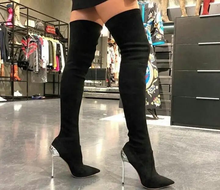 

Winter Woman Black Red Suede Iron Heels Over The Knee Boots Female Sexy Pointed Toe Slip On Elastic Thigh Long Boots Big Size