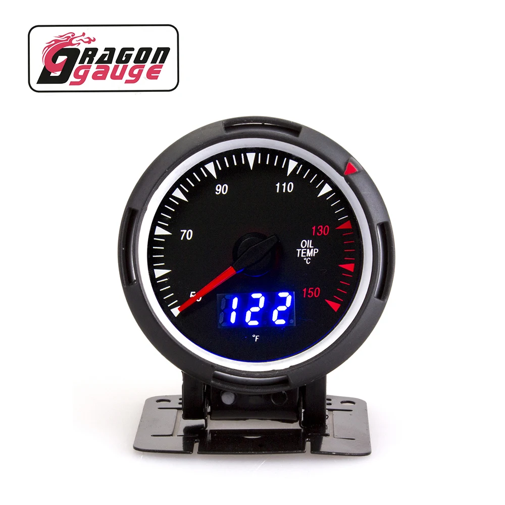 「DRAGON」 60mm Oil Temperature Gauge ℃/℉ Digital Pointer Dual Display Car Gauge With Oil Temp Sensor and Bracket Fit for 12V Car