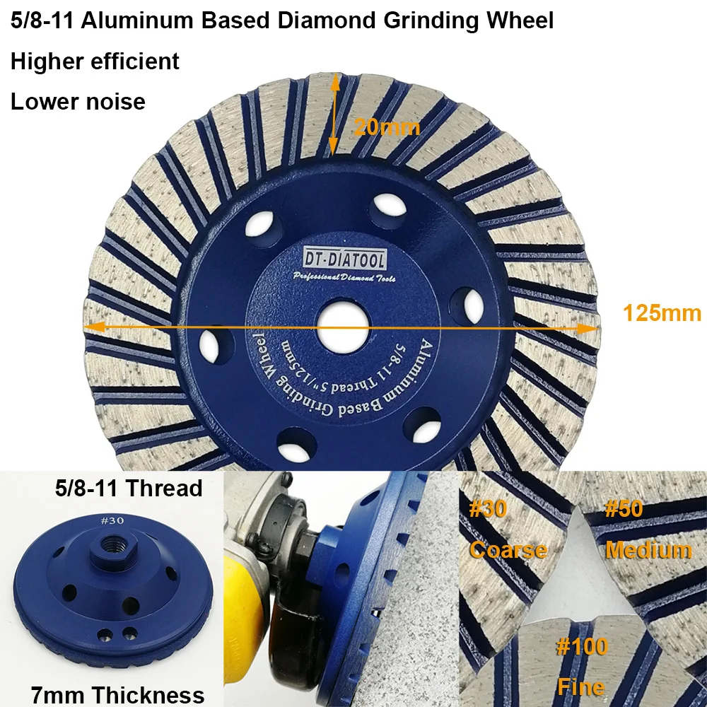 DT-DIATOOL 1pc 100mm/125MM Aluminum Based Grinding Cup Wheel Diamond Grinding Disc Lower Noise for Marble Granite  5/8-11 Thread