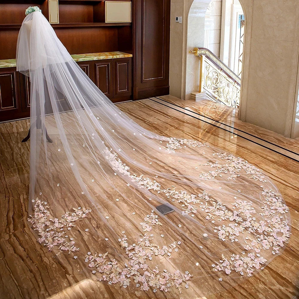 Velo de novia de dos capas, velo de encaje blanco marfil con flores rosas, velo largo de novia con peine de Metal, accesorios de boda para novia